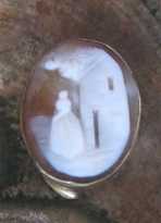 Victorian hand carved Sardonyx shell landscape scene of women at the house Gold(?)/Gold gilded bezel - cap for tip of walking stick circa 1870-1890 .