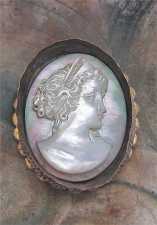 Museum Quality carved Mother pearl. Gold washed/Silver Pendant/Brooch 1915-1925.