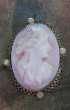Well carved Diana goddess - Coral stone circa 1910. Gold Filled ?) filigree brooch with 4 pearls.