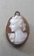 Hand carved shell - portrait of young woman Vintage Gold Plated Pendant circa 1940.
