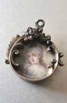 Victorian watercolor hand painted pretty girl portrait Gold washed silver barocco decorative pendant
