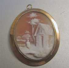 Woman at the house & tree in village landscape, shell circa 1890. Unmarked Gold(?)/Gold Filled. From UK Antique Action