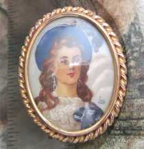 Hand painting & signed portrait of woman in blue beret. Between WWI & WWII Gold(?)/ Gold Filled twisted rope Brooch