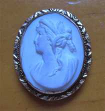 Hand carved white Coral Victorian Goddess of Fertility Ceres Gold(?)/Gold filled etched Brooch/Pendant circa 1890 shell .