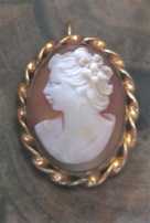 Hand Carved/signed carnelian shell - girlish profile. 12K Gold Filled pendant/brooch circa 1930th.
