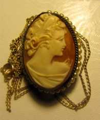 Vintage 12K Gold washed over Silver Pendant/Brooch with Pearls Carved Shell & 12K GF Marked 18” Chain
