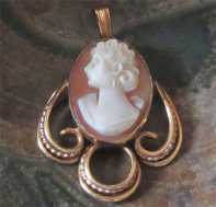 Well carved Carnelian shell Vintage Earrings & Pendant set Marked 12K Gold Filled Van Dell twisted wire circa 1935