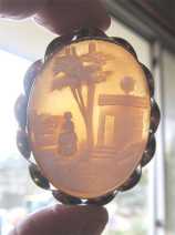 Victorian hand carved Sardonyx shell landscape scene of women at the house Gold(?)/Gold gilded bezel - cap for tip of walking stick circa 1870-1890 .