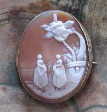 Hand carved Big Antique shell - Women at the tree Victorian Gold Plated Brooch. Circa 1870-1890.