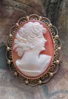 Hand carved/signed Modern Italian shell circa 1980th. Marked 12K Gold Filled filigree pendant/brooch.
