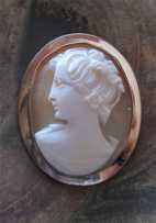 Hand Carved/signed shell(L) - Post Edwardian girl . Marked Gold filled Brooch/Pendant circa 1920 -1940.
