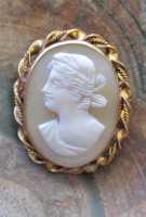 Hand carved Italian Vintage shell circa 1910-1930. (L) Gold(?)/ Gold Filled twisted rope brooch.