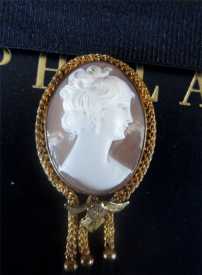 Lovely Art Deco Gold filled Sardonyx cameo, signed by author. Fancy bezel Brooch and drop, Great Carving Circa 1920