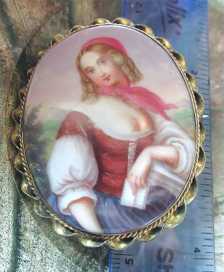 Hand painted & signed Early Victorian portrait of woman. Gold Filled twisted rope Brooch circa 1850.