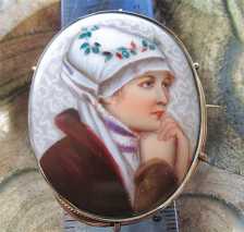 Hand painted Victorian water color portrait circa 1880. Big Gold(?)/Gold Filled Long Pin/C-Clasp Brooch.