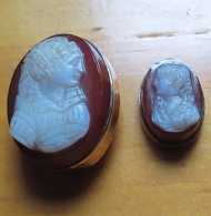 Circa 1880 carved Agate stones- couple female profiles Tiny Gold(?)/Gold filled(?) bezels - Victorian ring tops.