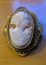 Great hand carved/signed shell from UK Collection. Gold Washed filigree brooch circa 1920th.