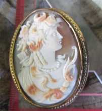 Great Carved Victorian Goddess Diana - 3 colors big Carnelian shell embedded in Gold or Gold plated Brooch Circa 1885 cameo.