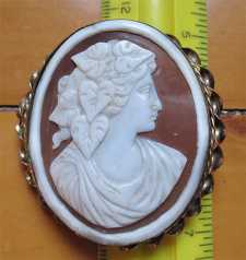 Late Victorian Quality Bacchante - Carved dark Sardonyx shell. Unmarked Big Gold(?)/Gold plated Brooch circa 1890th.