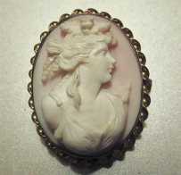 Superiorly hand carved & signed high relief Coral or Angel Skin Circa 1910th Bacchante in unmarked Gold or Gold filled brooch