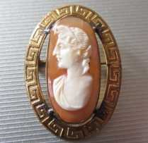 Gold Filled Brooch/Greeks motif - profile and ornament Hand carved Carnelian Shell. Circa 1930