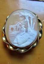 Hand carved Sardonyx shell - women at the tree Gold(?)/Gold gilded brooch circa 1870-1890 .