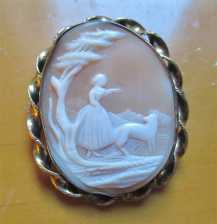 Quality hand carved shell woman & dog at the forest lake Gold (?)/Gold Filled with patina brooch. Circa 1880th.