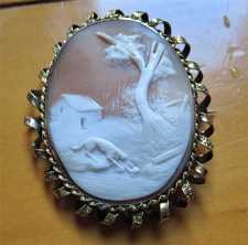 Carved/signed by Artist shell - dog saving a kid from river Huge Quality Antique Gold/Gold Plated Brooch circa 1885.