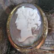Gold plated Victorian etched ornament Brooch Hand carved Sardonyx shell. Circa 1865