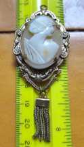 Lovely Art Deco Gold(?)/GF Sardonyx shell, signed by author. Fancy bezel pendant and drop. Great Carving Circa 1920.
