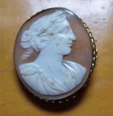 Superiorly hand carved Classic female circa 1840th - 1880th. Victorian shell set in Gold plated brooch (newer pin/clasp).