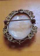 Post Edwardian carved/signed shell young woman profile. Filigree vermeil pendant/brooch circa 1910th - 1920th.