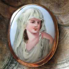 Victorian circa 1890 hand painting portrait of woman with head cover. Huge porcelain watercolor in Gold or Gold Filled Brooch