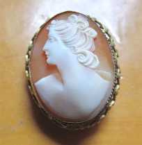 Great hand carved/signed shell circa 1930th - 1940th. WWII Gold(?)/GF filigree unmarked brooch/pendant.