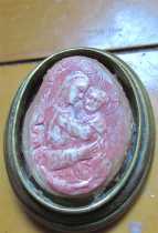 East European Madonna with little Christ circa 18(?) century Hand carved/painted light stone in gold plated brooch.