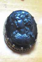 Bakelite(?) or Vulcanite(?) very detailed Cameo Light brown metal (unmarked) Brooch circa 1920th.