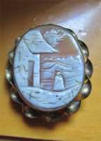 Carved/signed Victorian shell - women at the country Circa 1870 Gold filled bezel brooch (no pin).