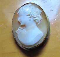 Great hand carved/signed shell circa 1930th - 1940th. WWII Gold plated unmarked brooch/pendant.