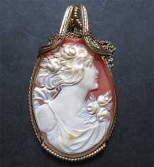 Museum Quality Edwardian carved/signed from 1910th-1920th. shell in newer 14K Gold Rolled pendant with the 18”chain.