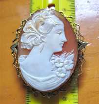 Great hand carved/signed shell circa 1920th - 1950th. Big 12K Gold filled filigree brooch/pendant.