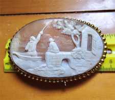Museum Quality fishermen in the Beautiful country landscape. Huge Gold Filled Brooch with safety chain. Circa 1865-1885.