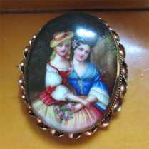Hand painted Early Victorian double portrait of pretty girls. Big Gold(?)/Gold Filled(?) Decorative Brooch circa 1850th.