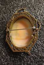 Hand carved/signed Art Deco shell- Diana Goddess Unmarked Gold(?)/GP brooch w/chain circa 1910th.