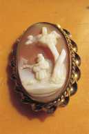 Carved/signed Victorian shell - women at the country Circa 1870 Gold filled small bezel brooch (no pin).
