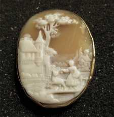 Intricately carved Victorian shell Girl w/goat at the castle. Gold(?)/Gold Plated(?) cup circa 1870-1890.