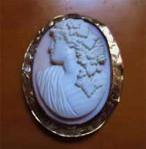 Superiorly hand carved & signed high relief Coral or Angel Skin Circa 1910th Bacchus in unmarked Gold or Gold plated brooch