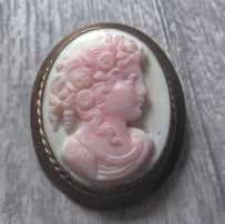 Best carved Rose/White Coral stone Bacchante. Gold plated brooch circa 1880th-1910th.