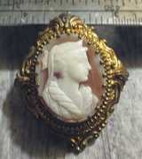 Well hand carved Sardonyx shell (stress lines) circa 1870-1890. Bidermayer style unmarked Gold Plated(?) Victorian brooch.