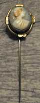 Early Victorian multicolored shell Classic woman’s profile Antique Gold Plated British Pin circa 1820-1850.