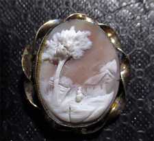 Intricately carved Victorian shell woman at village landscape. Gold(?)/Gold Plated(?) Brooch circa 1890th - 1910th.
